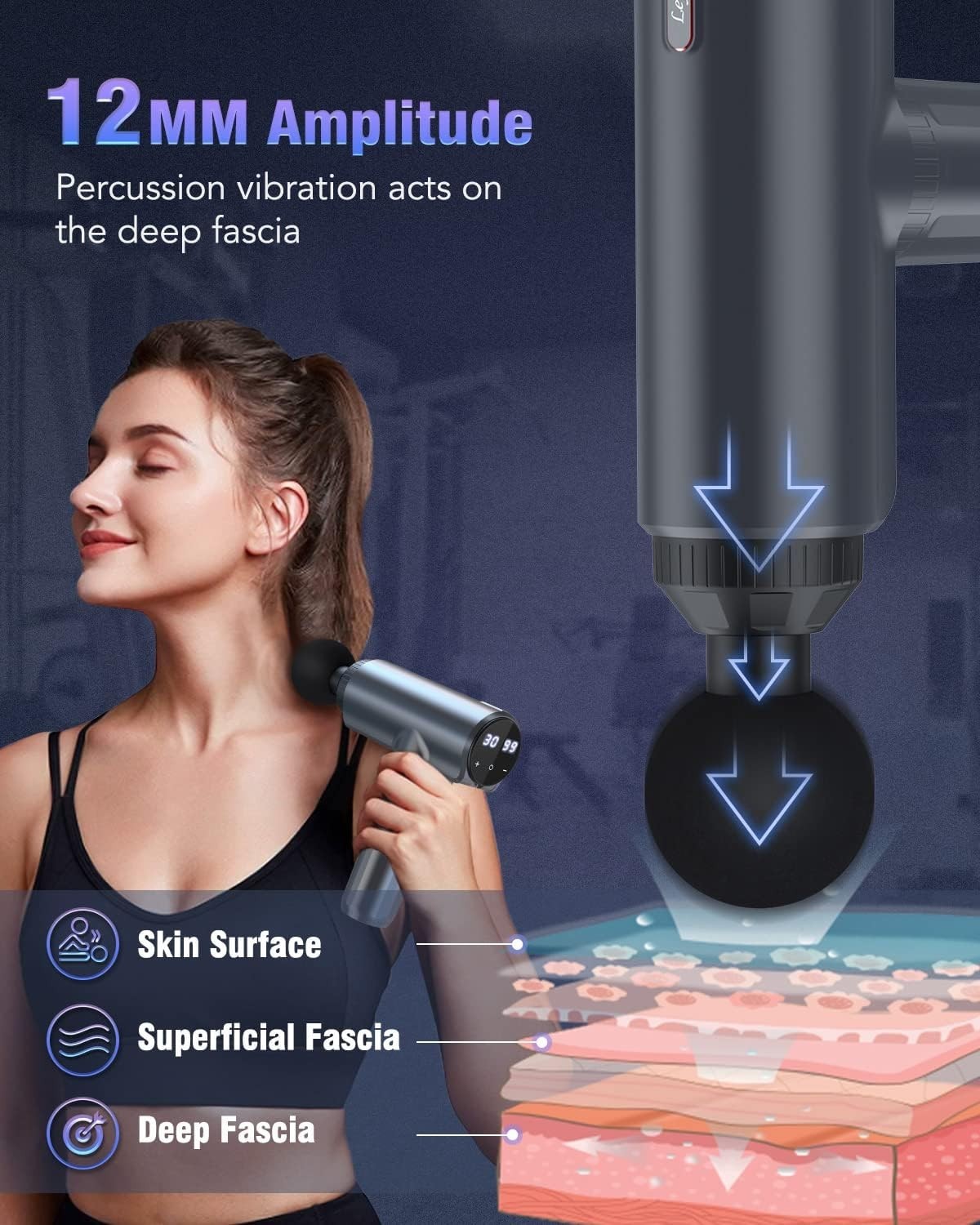 Pistola Massaggio Muscolare 30 Livelli 6 Testine LCD USB-C Silenziosa Blu Dolore