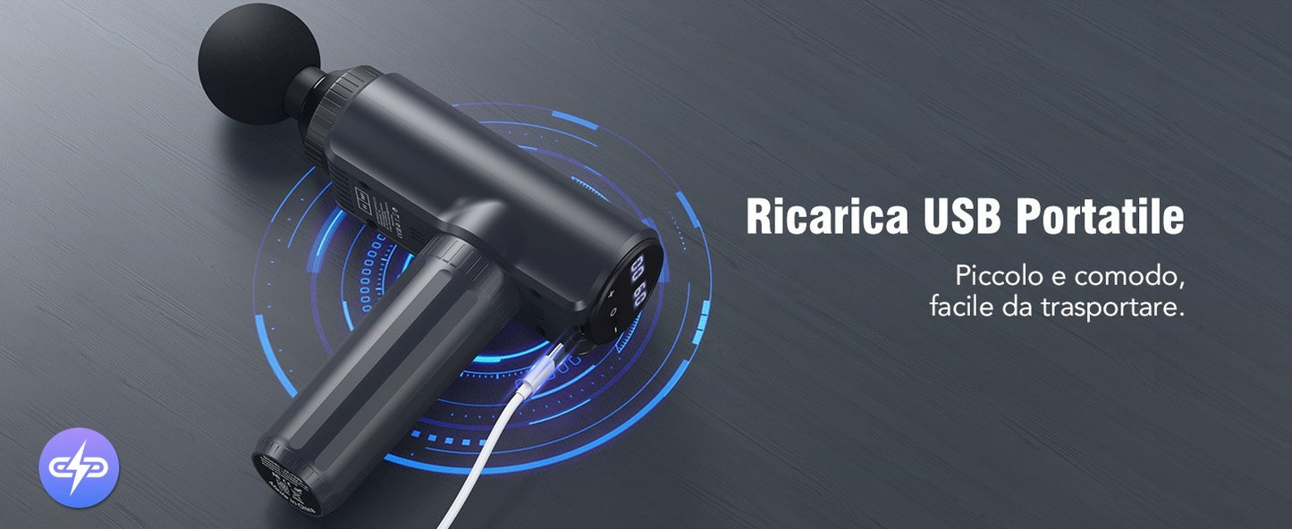 Pistola Massaggio Muscolare 30 Livelli 6 Testine LCD USB-C Silenziosa Blu Dolore