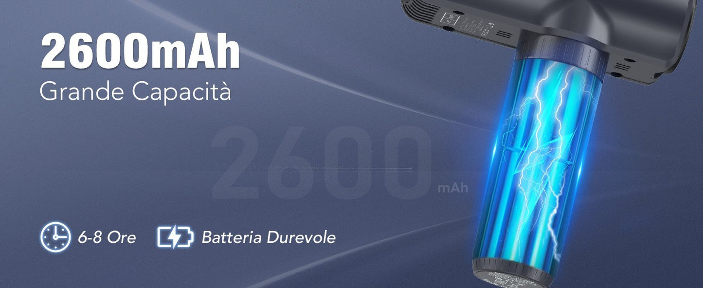 Pistola Massaggio Muscolare 30 Livelli 6 Testine LCD USB-C Silenziosa Blu Dolore