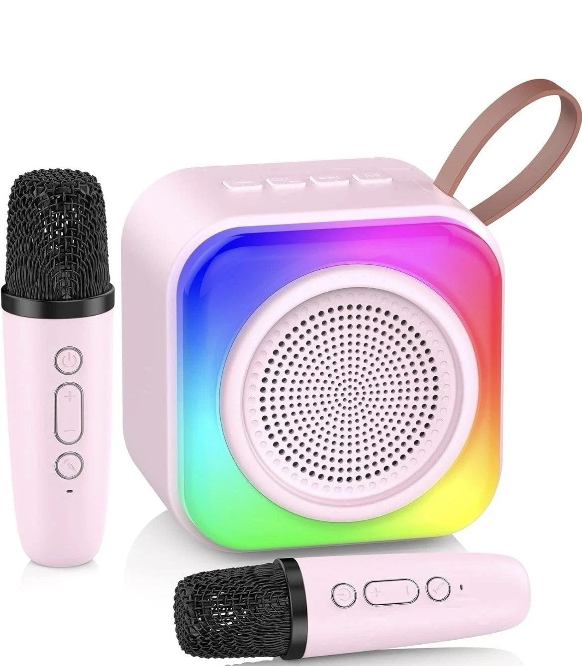 Karaoke Bambini 2 Microfoni Senza Fili Luci LED Cambio Voce Rosa USB 2600mAh 8cm