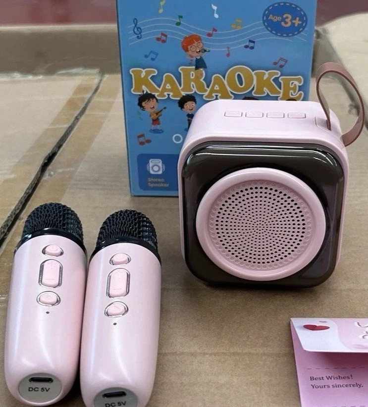 Karaoke Bambini 2 Microfoni Senza Fili Luci LED Cambio Voce Rosa USB 2600mAh 8cm