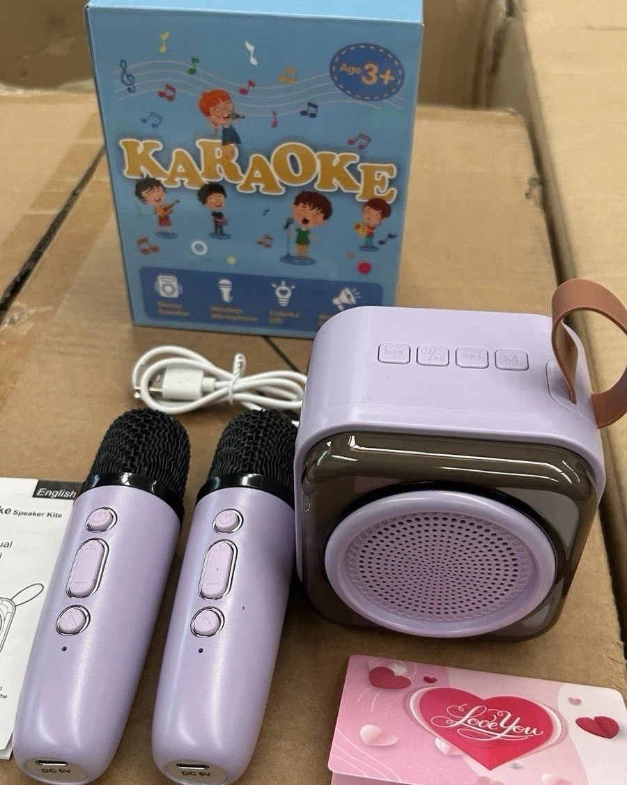 Karaoke Bambini 2 Microfoni Senza Fili Luci LED Cambio Voce Rosa USB 2600mAh 8cm