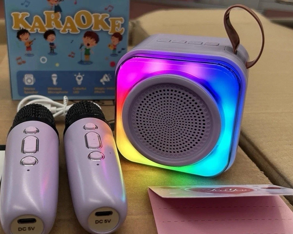 Karaoke Bambini 2 Microfoni Senza Fili Luci LED Cambio Voce Rosa USB 2600mAh 8cm