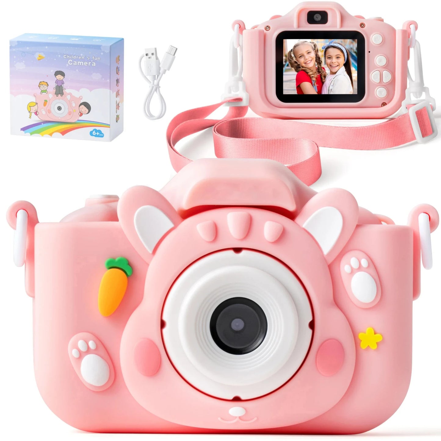 Fotocamera Bambini 48MP 1080P Rosa Doppia Lente Selfie Zoom 8X Giochi