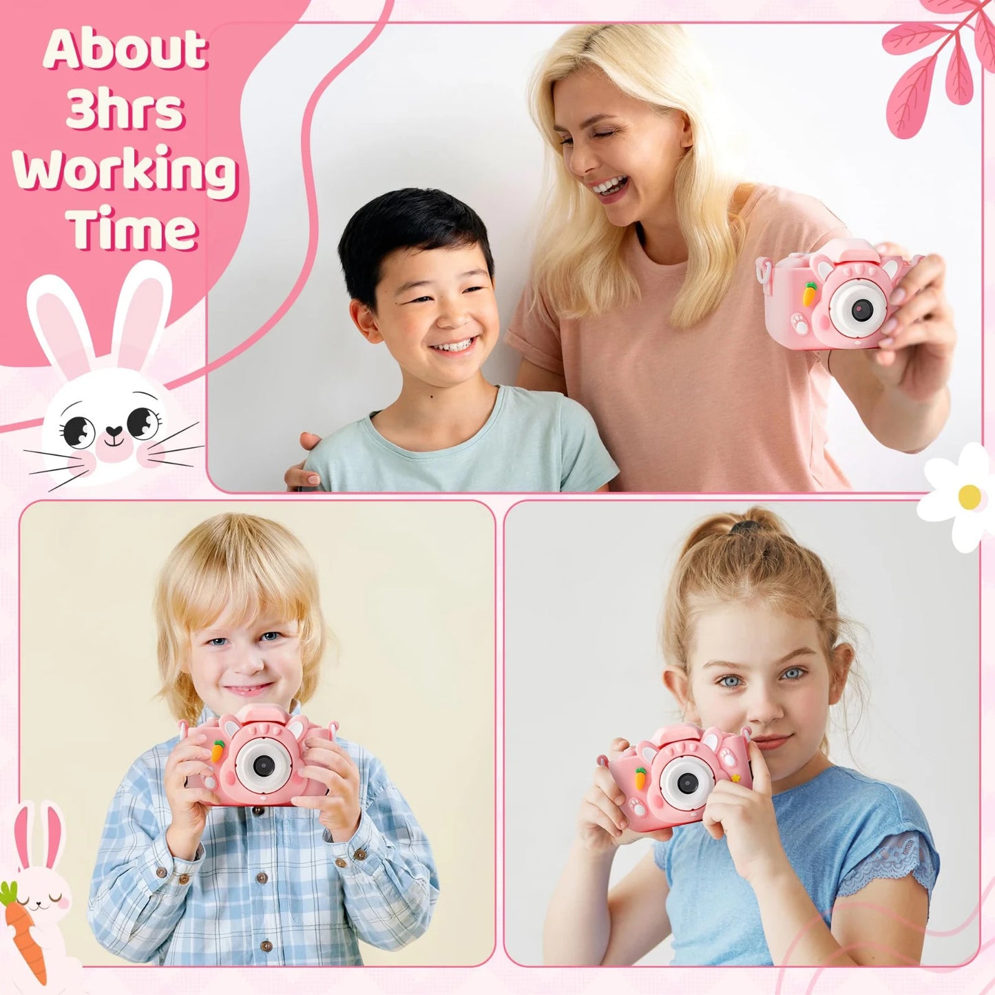 Fotocamera Bambini 48MP 1080P Rosa Doppia Lente Selfie Zoom 8X Giochi