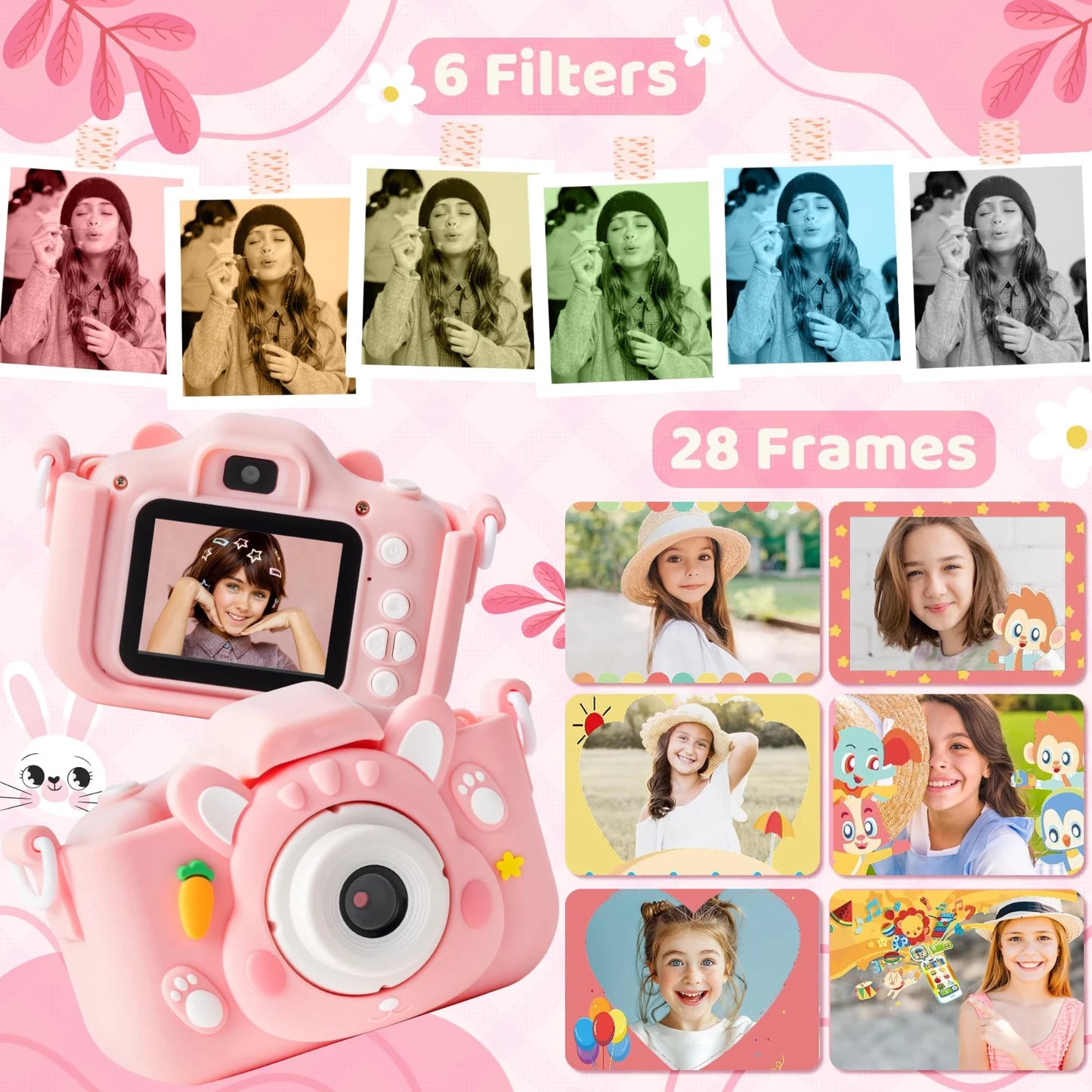 Fotocamera Bambini 48MP 1080P Rosa Doppia Lente Selfie Zoom 8X Giochi