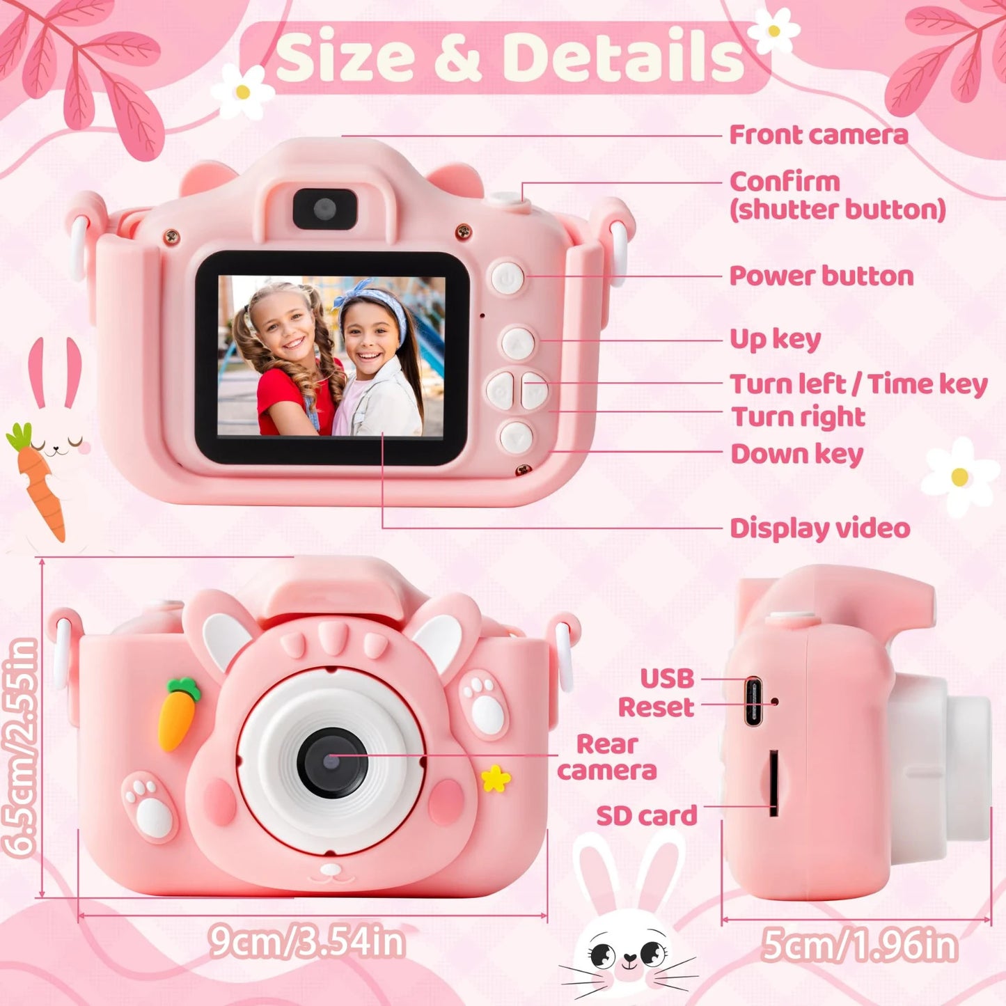Fotocamera Bambini 48MP 1080P Rosa Doppia Lente Selfie Zoom 8X Giochi