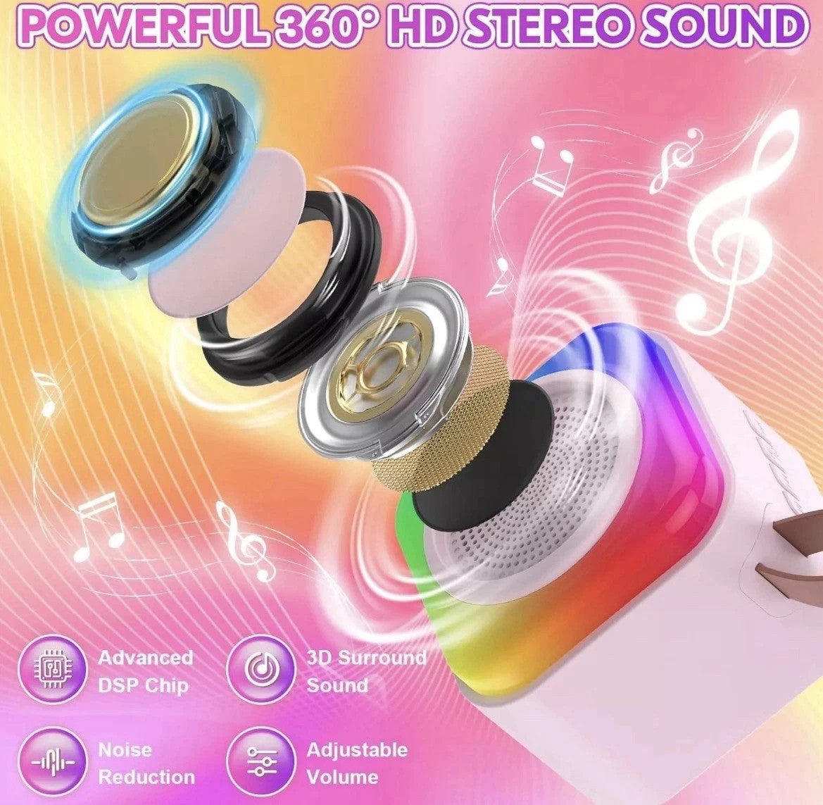 Karaoke Bambini 2 Microfoni Senza Fili Luci LED Cambio Voce Rosa USB 2600mAh 8cm