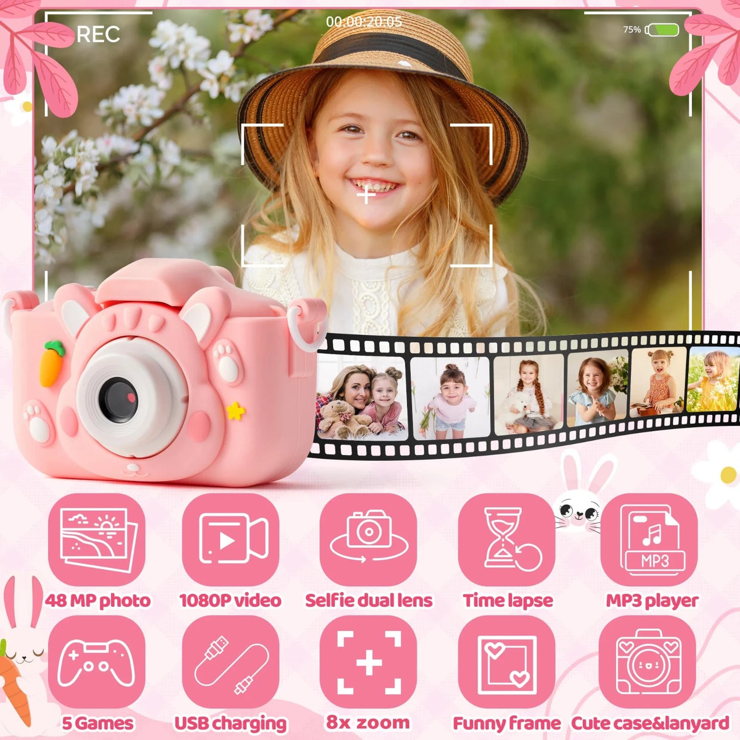 Fotocamera Bambini 48MP 1080P Rosa Doppia Lente Selfie Zoom 8X Giochi