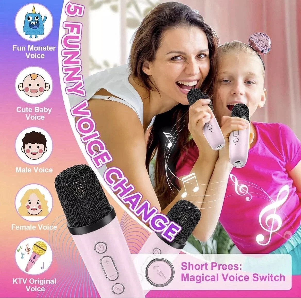 Karaoke Bambini 2 Microfoni Senza Fili Luci LED Cambio Voce Rosa USB 2600mAh 8cm