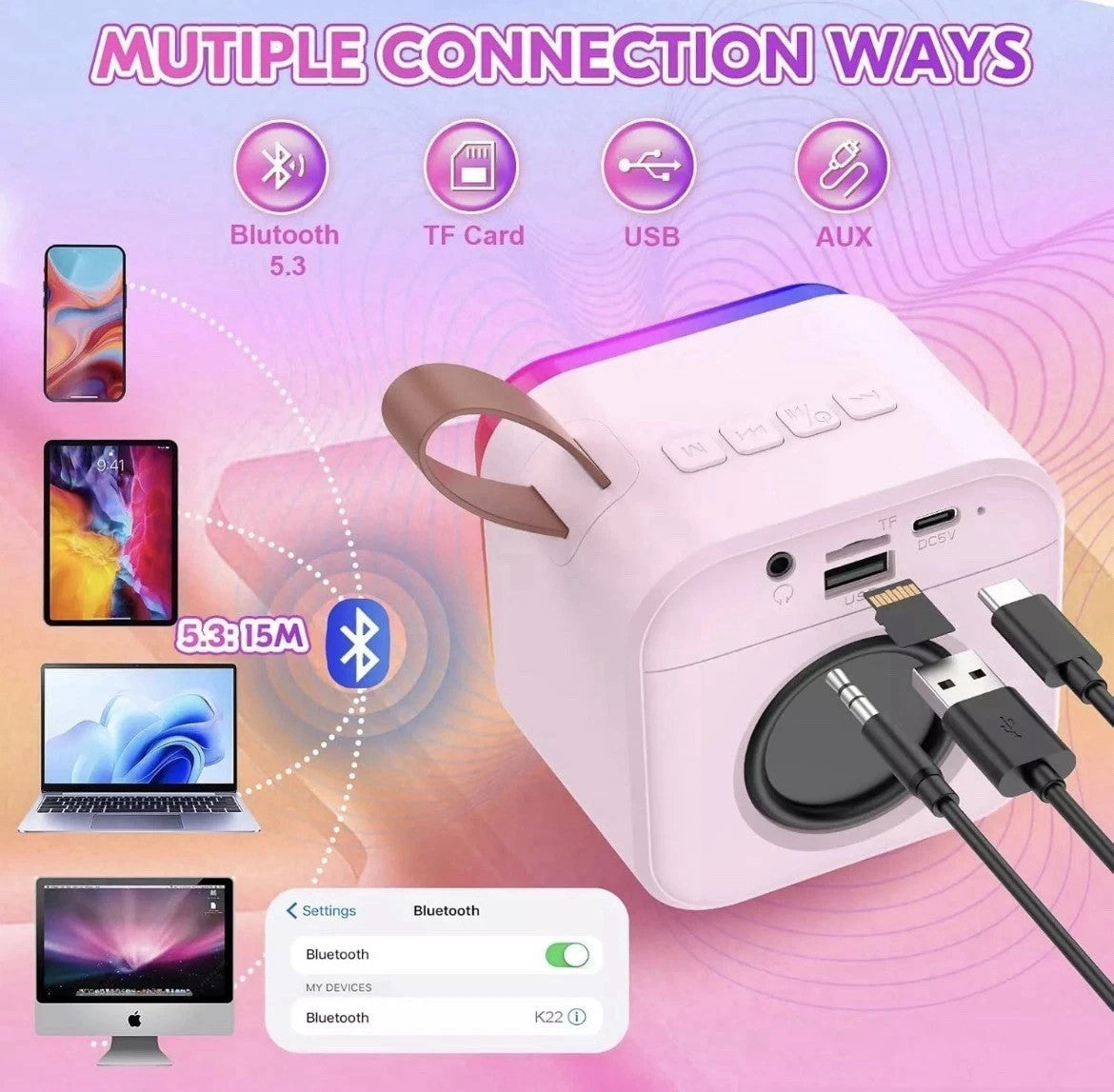 Karaoke Bambini 2 Microfoni Senza Fili Luci LED Cambio Voce Rosa USB 2600mAh 8cm