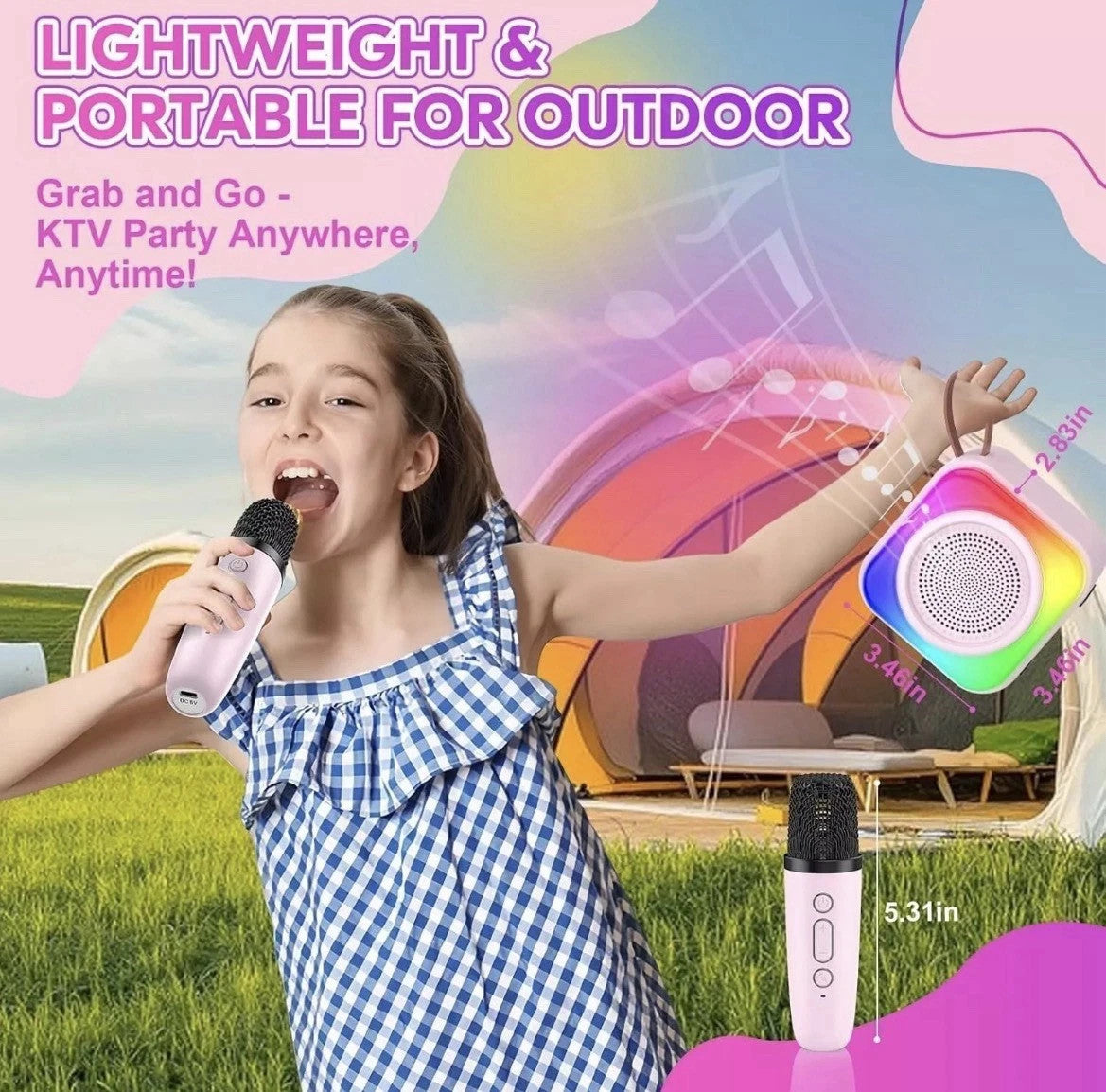 Karaoke Bambini 2 Microfoni Senza Fili Luci LED Cambio Voce Rosa USB 2600mAh 8cm