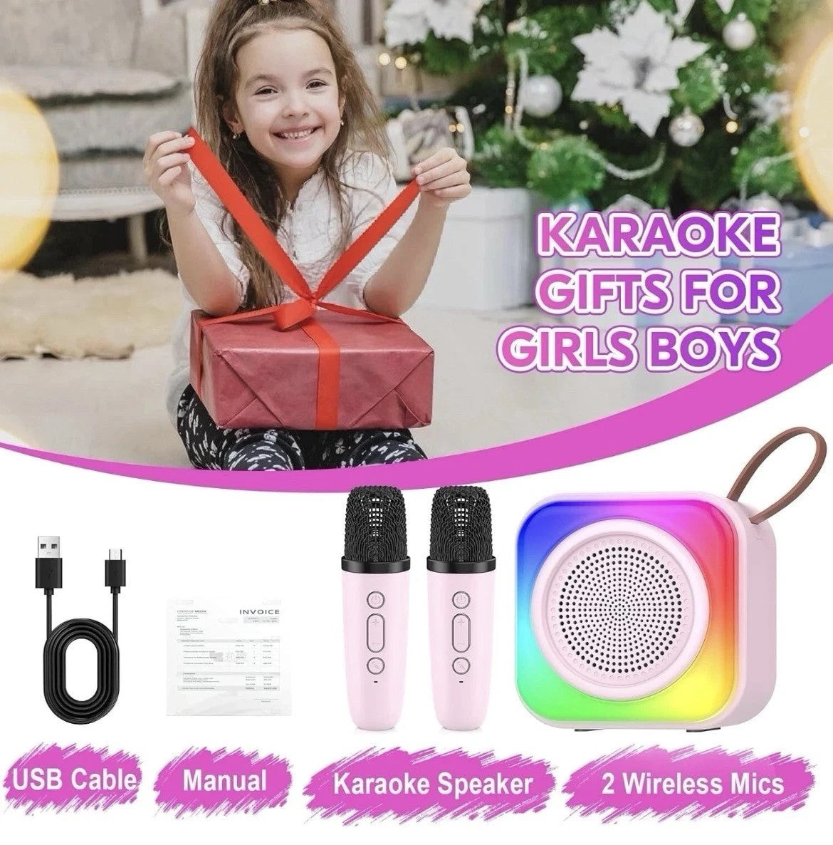 Karaoke Bambini 2 Microfoni Senza Fili Luci LED Cambio Voce Rosa USB 2600mAh 8cm