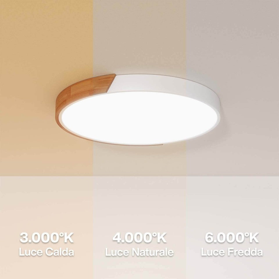 Plafoniera LED Rotonda Soffitto 36W CCT 3 Colori Ø50cm Legno Bianco 3800lm