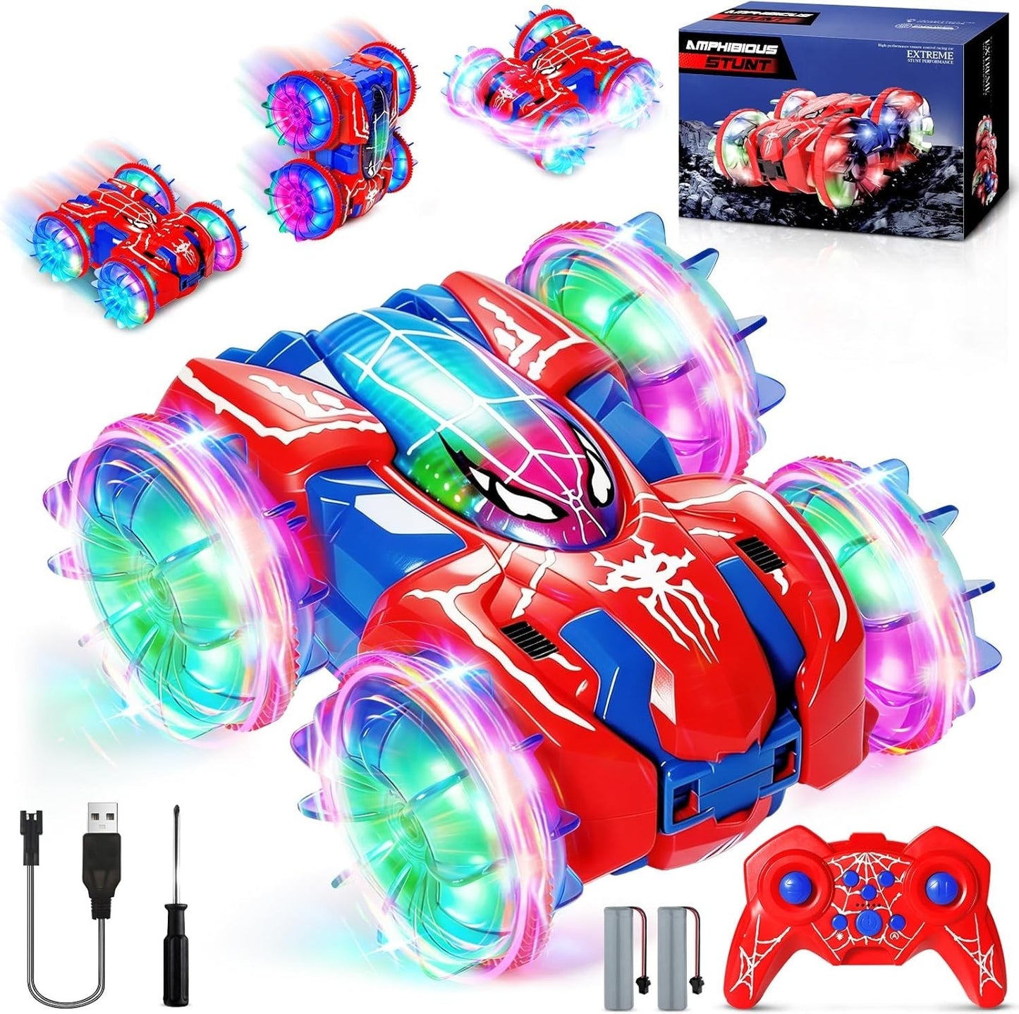 Auto RC Anfibia 360 Luci LED 2.4GHz 4x4 2 Batterie Bambini Acqua Terra Rosso Blu
