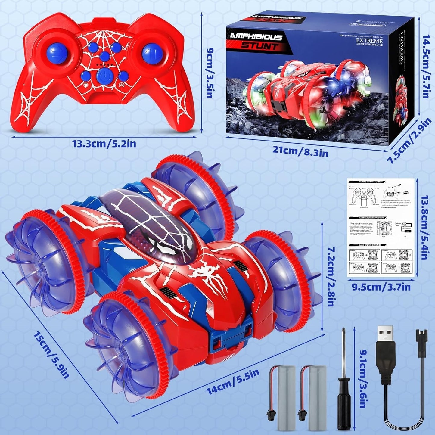 Auto RC Anfibia 360 Luci LED 2.4GHz 4x4 2 Batterie Bambini Acqua Terra Rosso Blu