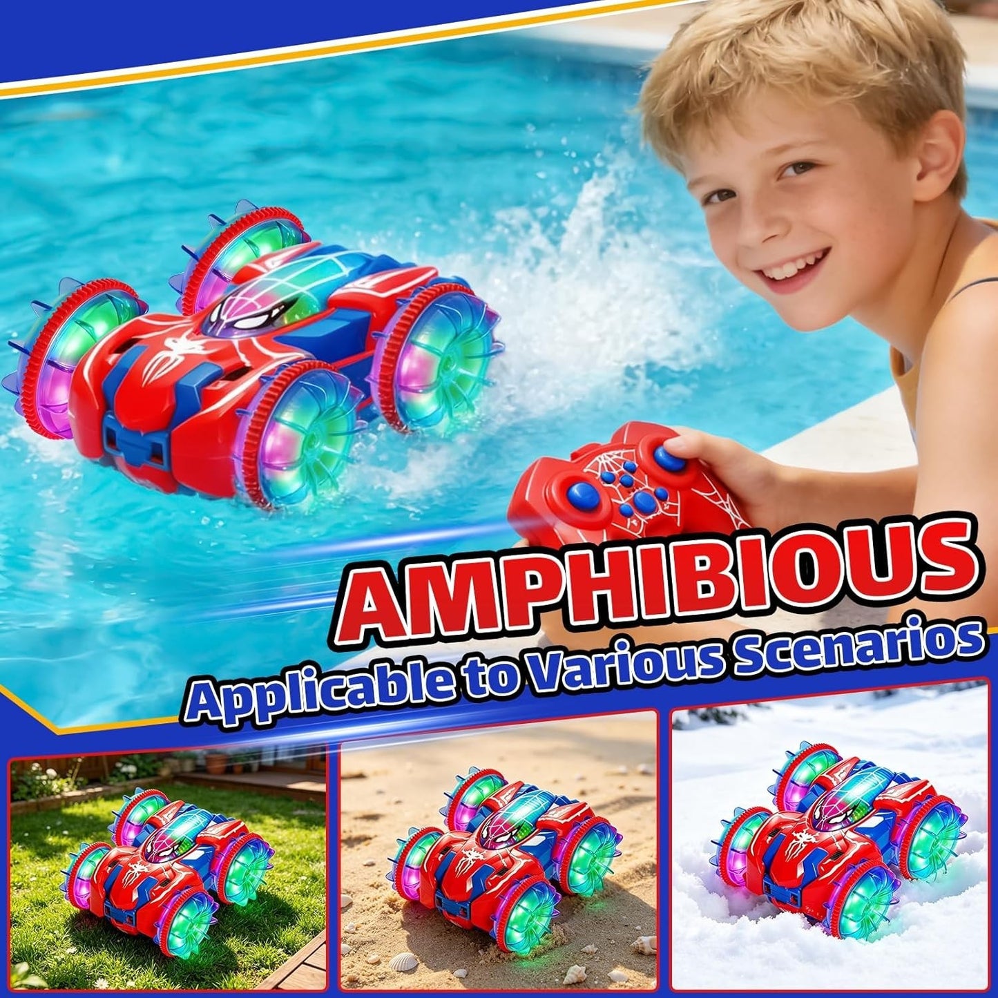 Auto RC Anfibia 360 Luci LED 2.4GHz 4x4 2 Batterie Bambini Acqua Terra Rosso Blu