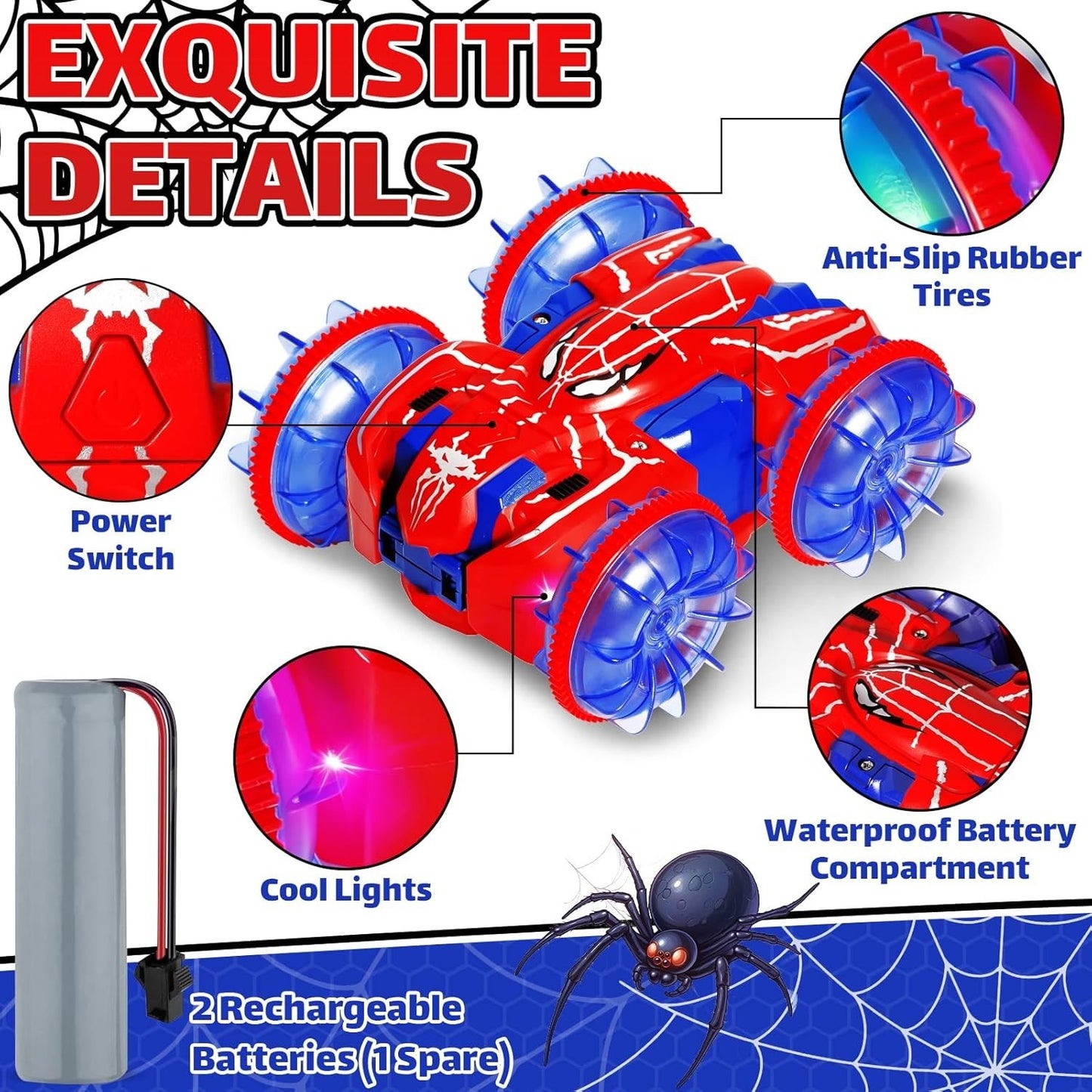 Auto RC Anfibia 360 Luci LED 2.4GHz 4x4 2 Batterie Bambini Acqua Terra Rosso Blu