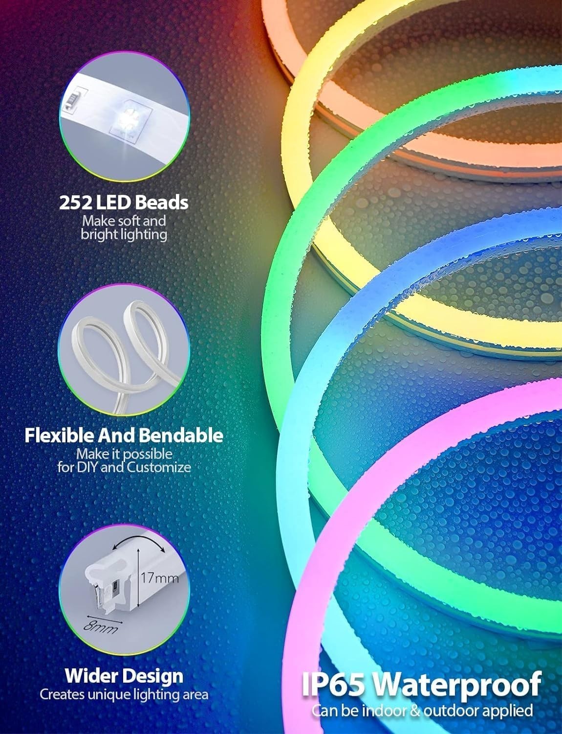 Striscia LED Neon RGBIC 5M 24V Bluetooth App Telecomando IP67 Musica Esterno RGB