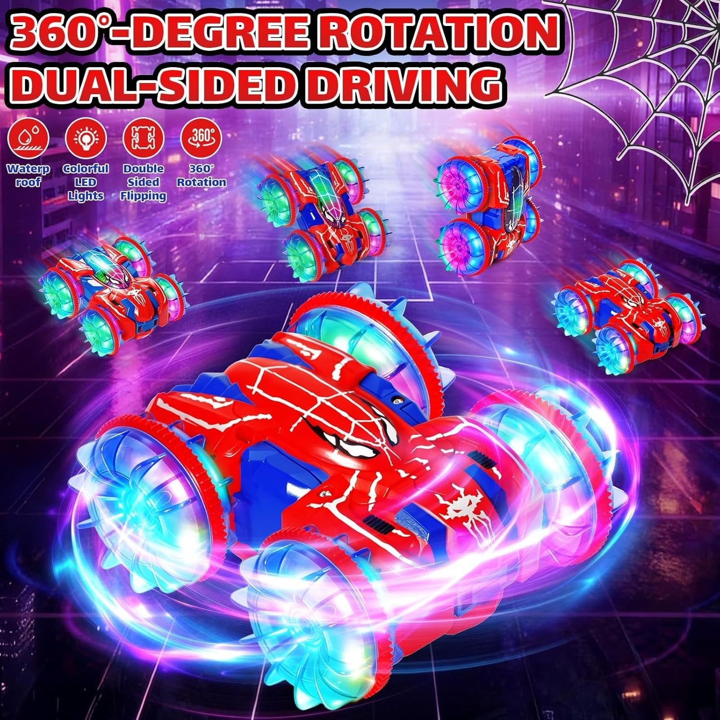 Auto RC Anfibia 360 Luci LED 2.4GHz 4x4 2 Batterie Bambini Acqua Terra Rosso Blu