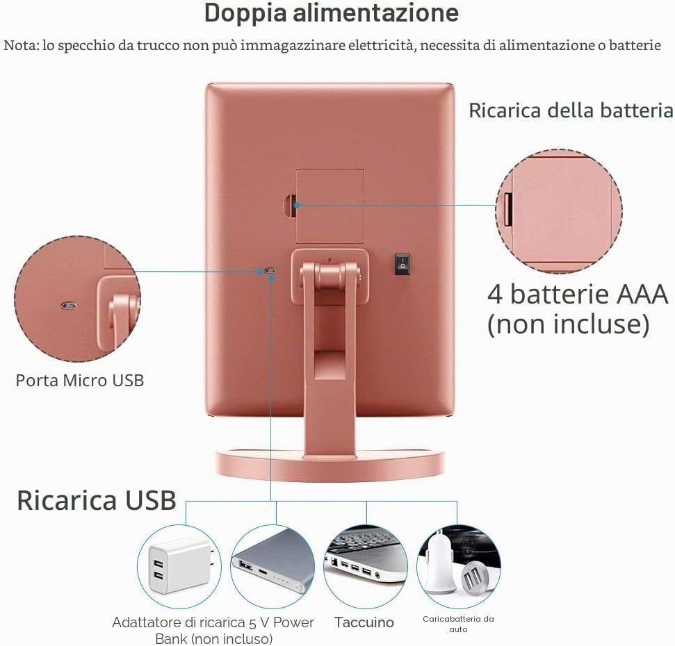 Specchio Trucco LED 21 Luci Touch 1X 2X 3X Pieghevole Oro Rosa USB Da Tavolo ABS