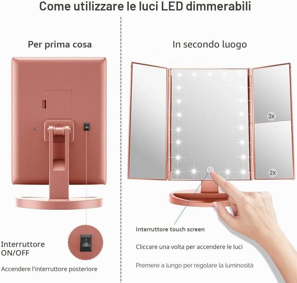 Specchio Trucco LED 21 Luci Touch 1X 2X 3X Pieghevole Oro Rosa USB Da Tavolo ABS