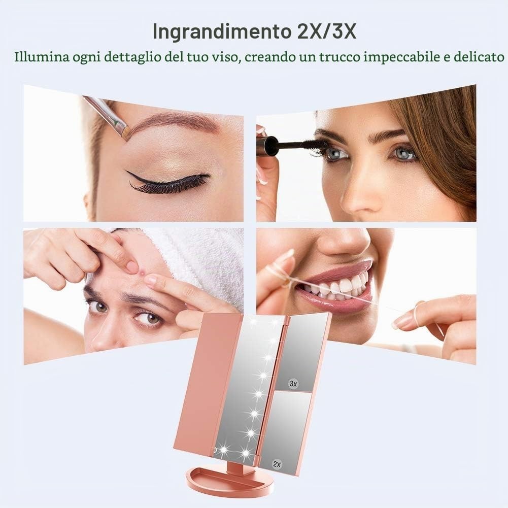 Specchio Trucco LED 21 Luci Touch 1X 2X 3X Pieghevole Oro Rosa USB Da Tavolo ABS