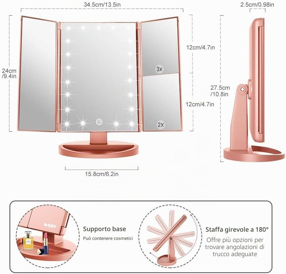 Specchio Trucco LED 21 Luci Touch 1X 2X 3X Pieghevole Oro Rosa USB Da Tavolo ABS