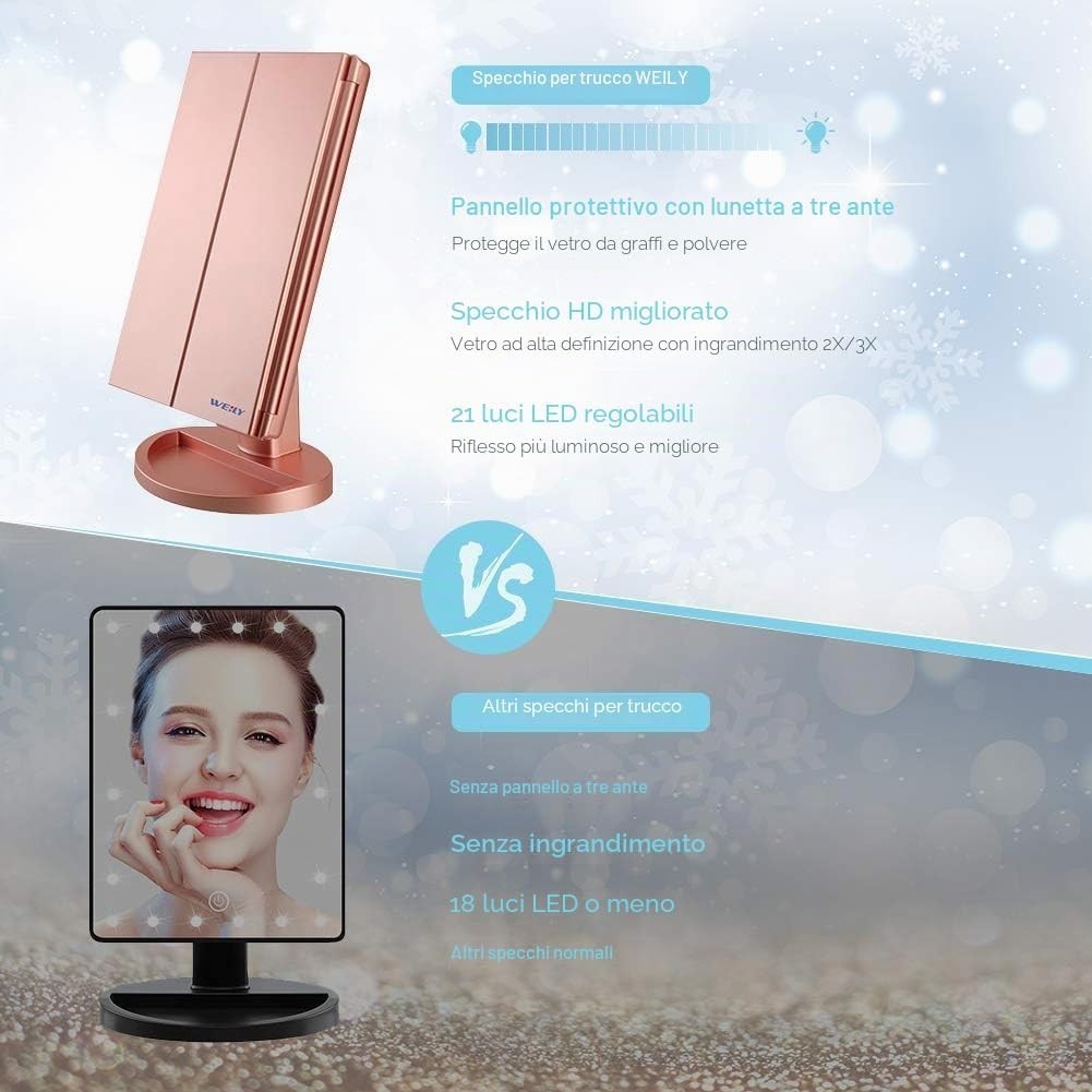 Specchio Trucco LED 21 Luci Touch 1X 2X 3X Pieghevole Oro Rosa USB Da Tavolo ABS