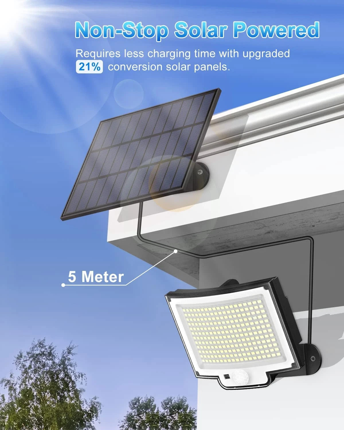 Luce Solare Esterno 228 LED Sensore Movimento Telecomando IP65 Cavo 5m