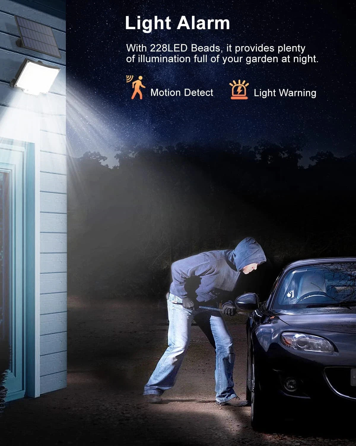 Luce Solare Esterno 228 LED Sensore Movimento Telecomando IP65 Cavo 5m