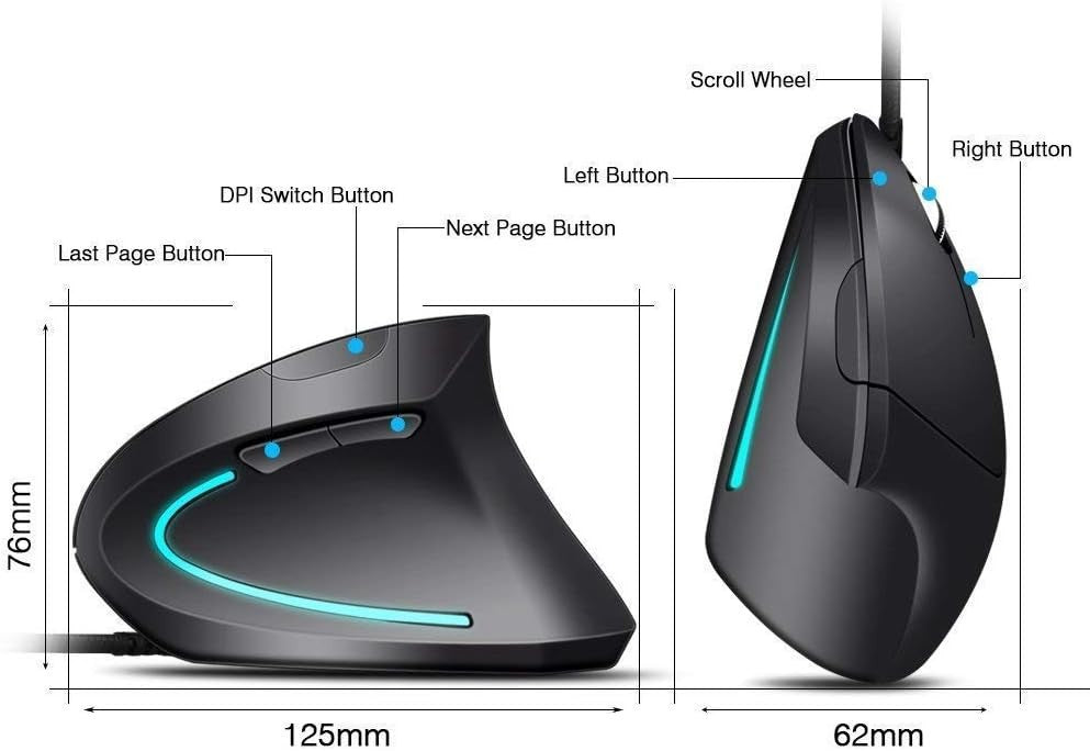Mouse Verticale Ergonomico Cablato USB 3200 DPI 5 Tasti PC Mac Laptop