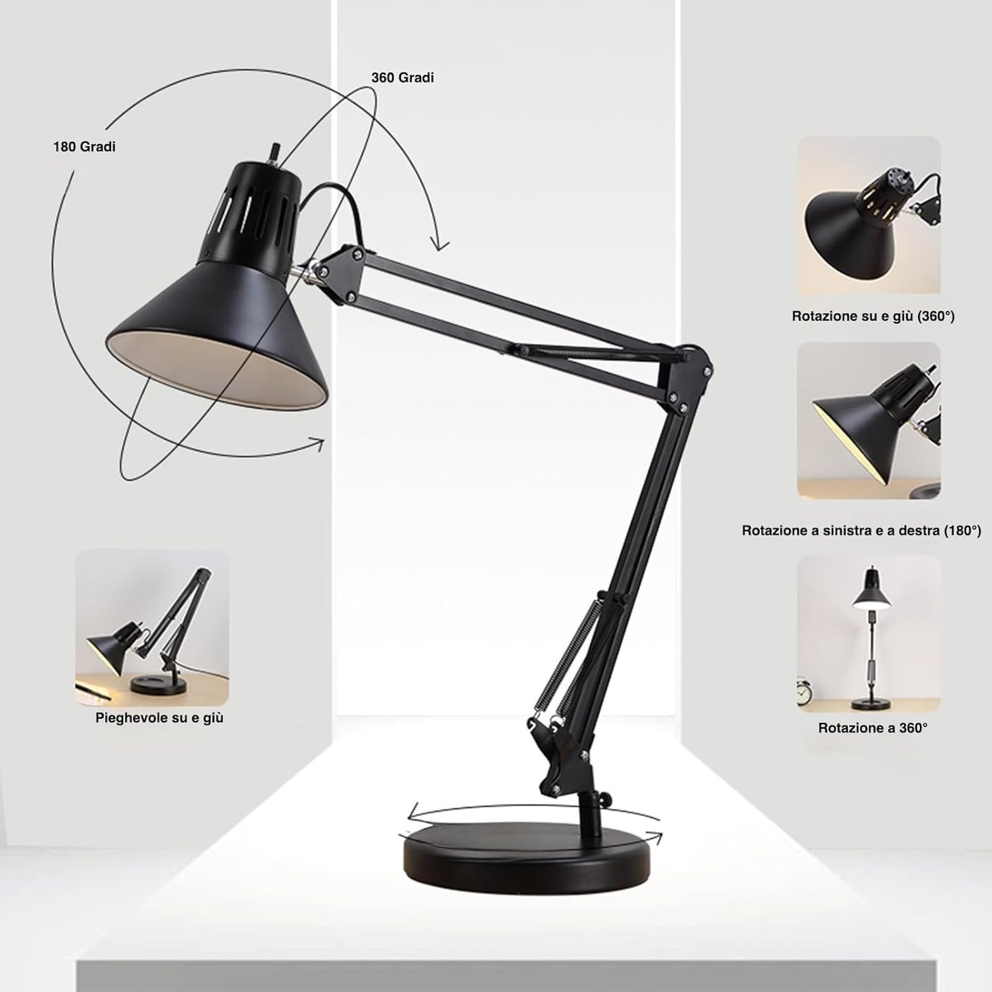 Lampada Scrivania E27 Braccio Snodato Regolabile Metallo Nero Ufficio Studio