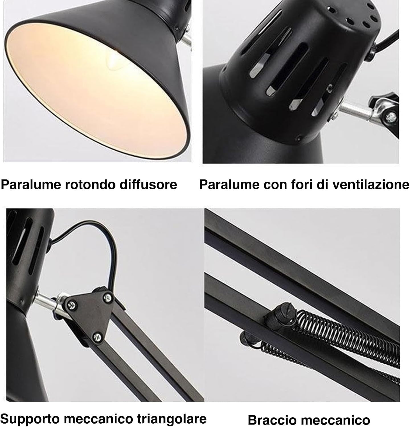 Lampada Scrivania E27 Braccio Snodato Regolabile Metallo Nero Ufficio Studio