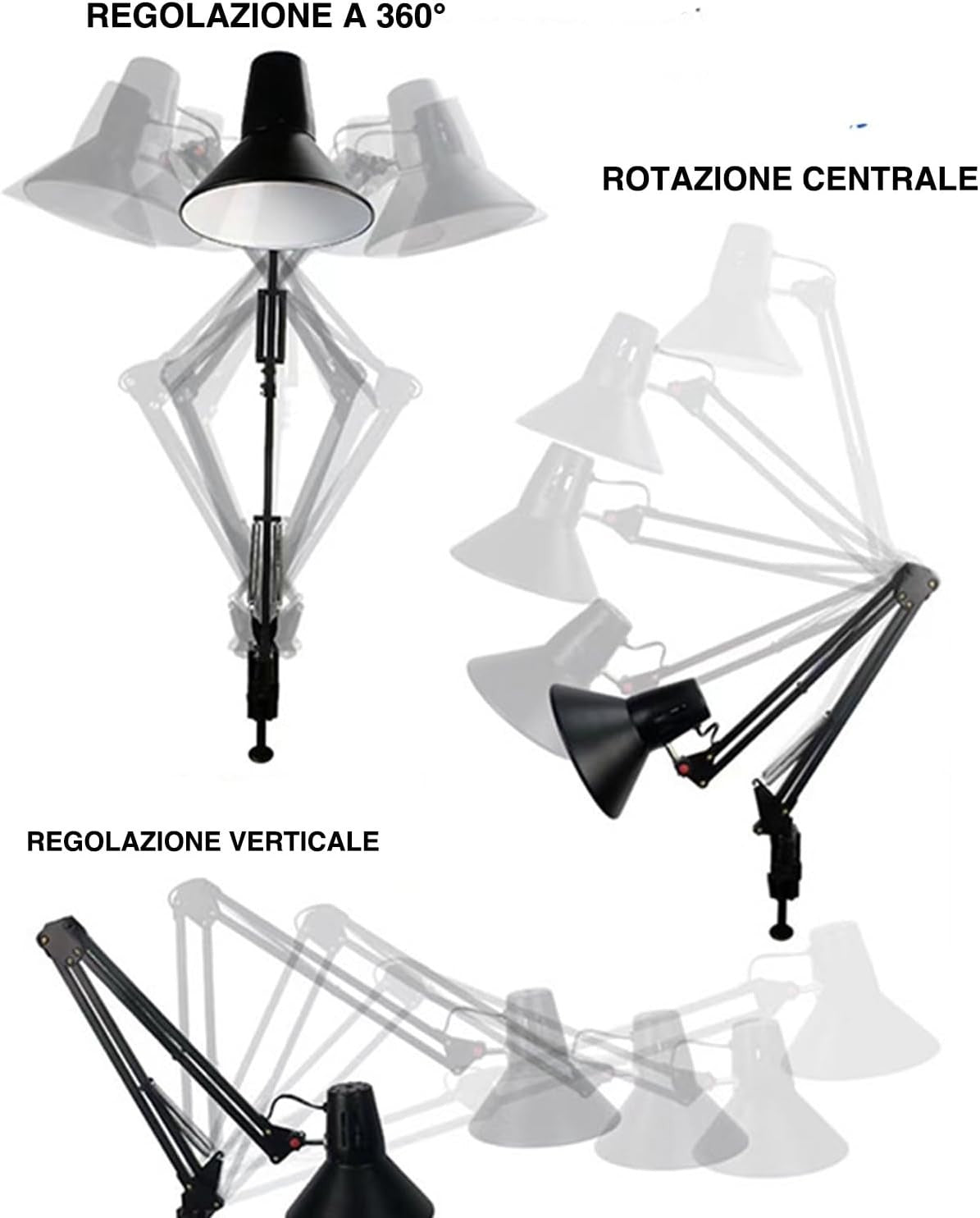 Lampada Scrivania E27 Braccio Snodato Regolabile Metallo Nero Ufficio Studio