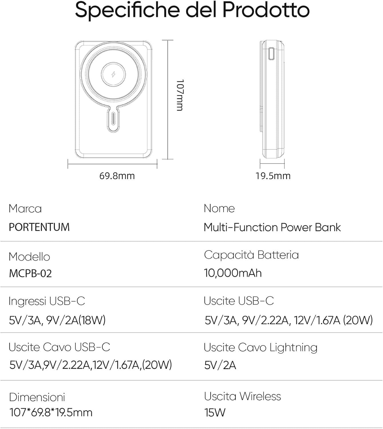 Power Bank MagSafe 10000mAh 5in1 20W Qi 15W USB-C per Apple Watch