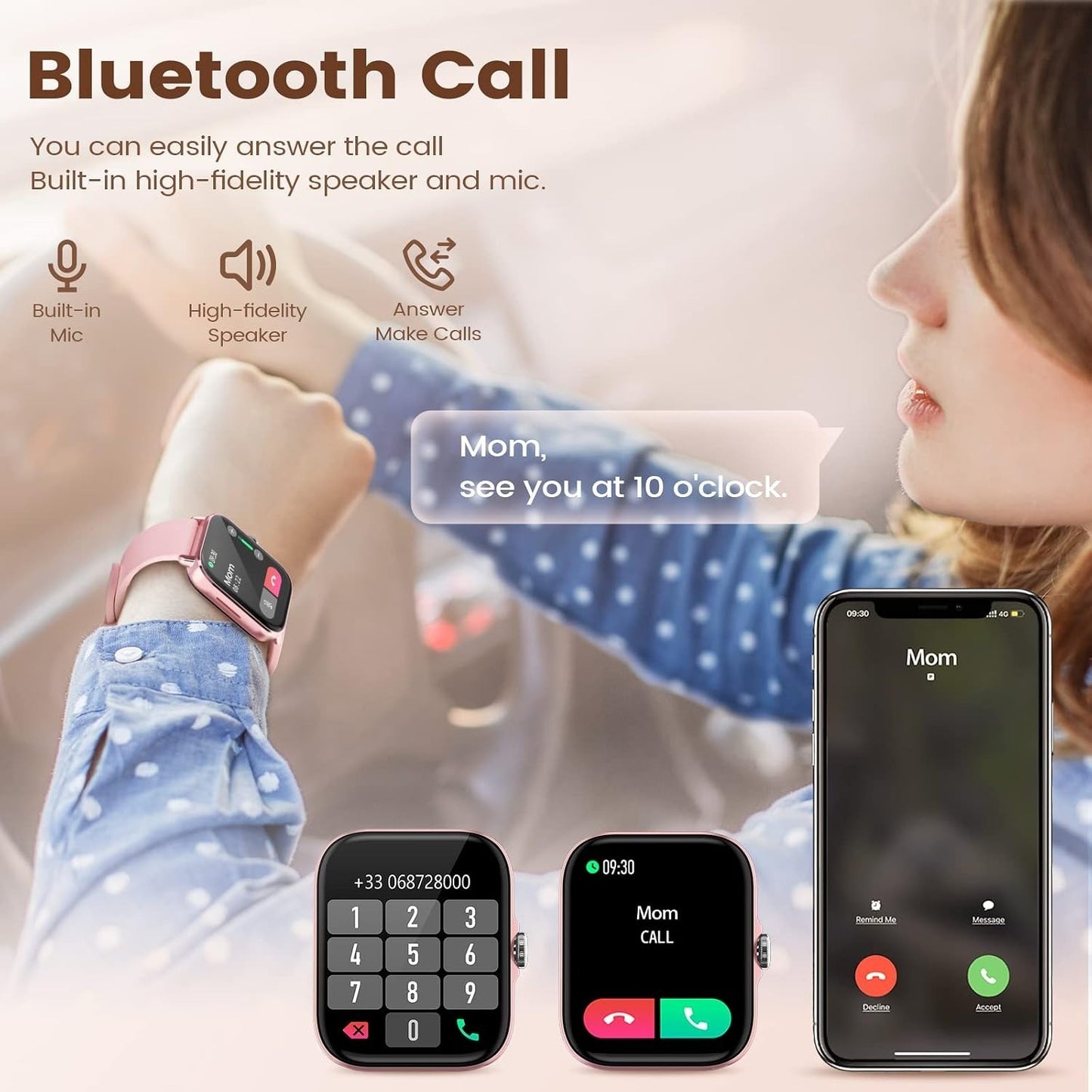 Smartwatch Donna 1,7" Chiamate Bluetooth SpO2 Cardio Sonno 28 Sport IP67 Rosa HD