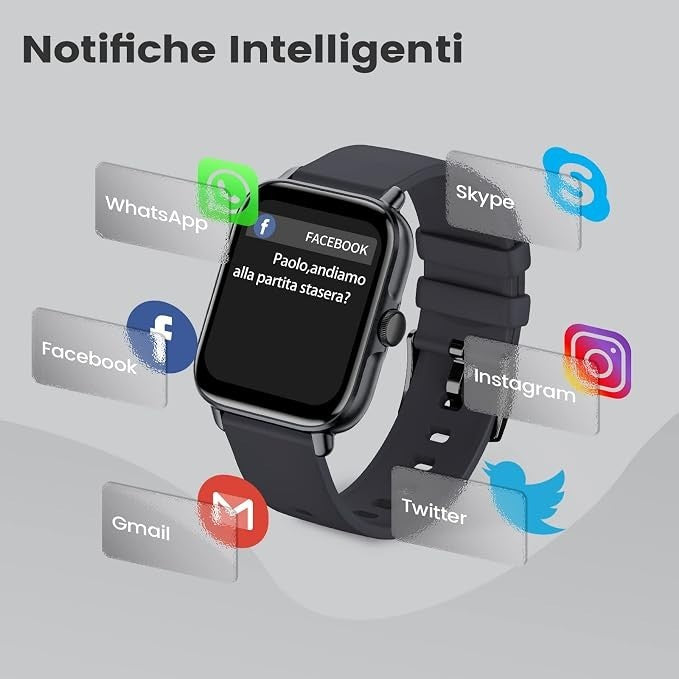 Smartwatch Uomo 1,7" Chiamate Bluetooth SpO2 Cardio Sonno 28 Sport IP67 Y22 Nero