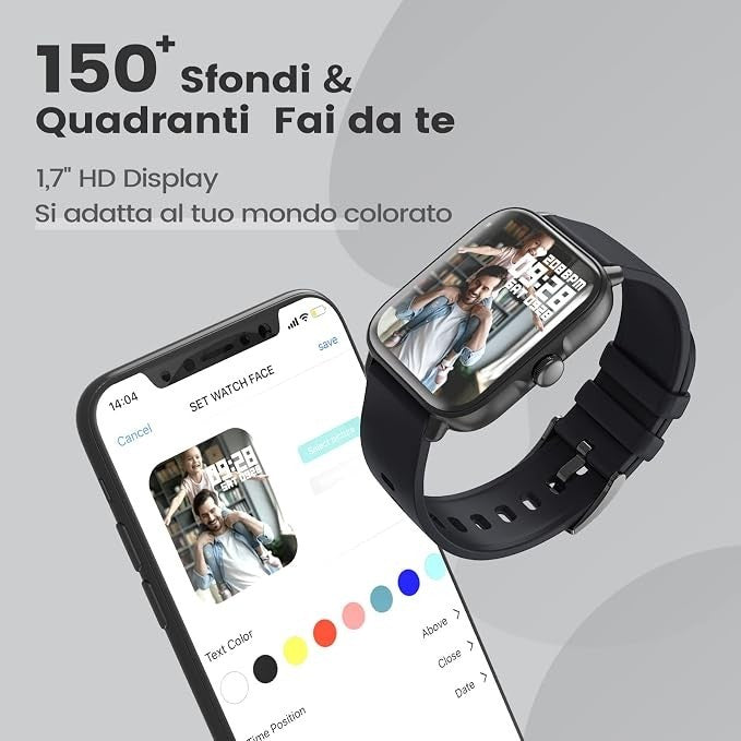 Smartwatch Uomo 1,7" Chiamate Bluetooth SpO2 Cardio Sonno 28 Sport IP67 Y22 Nero