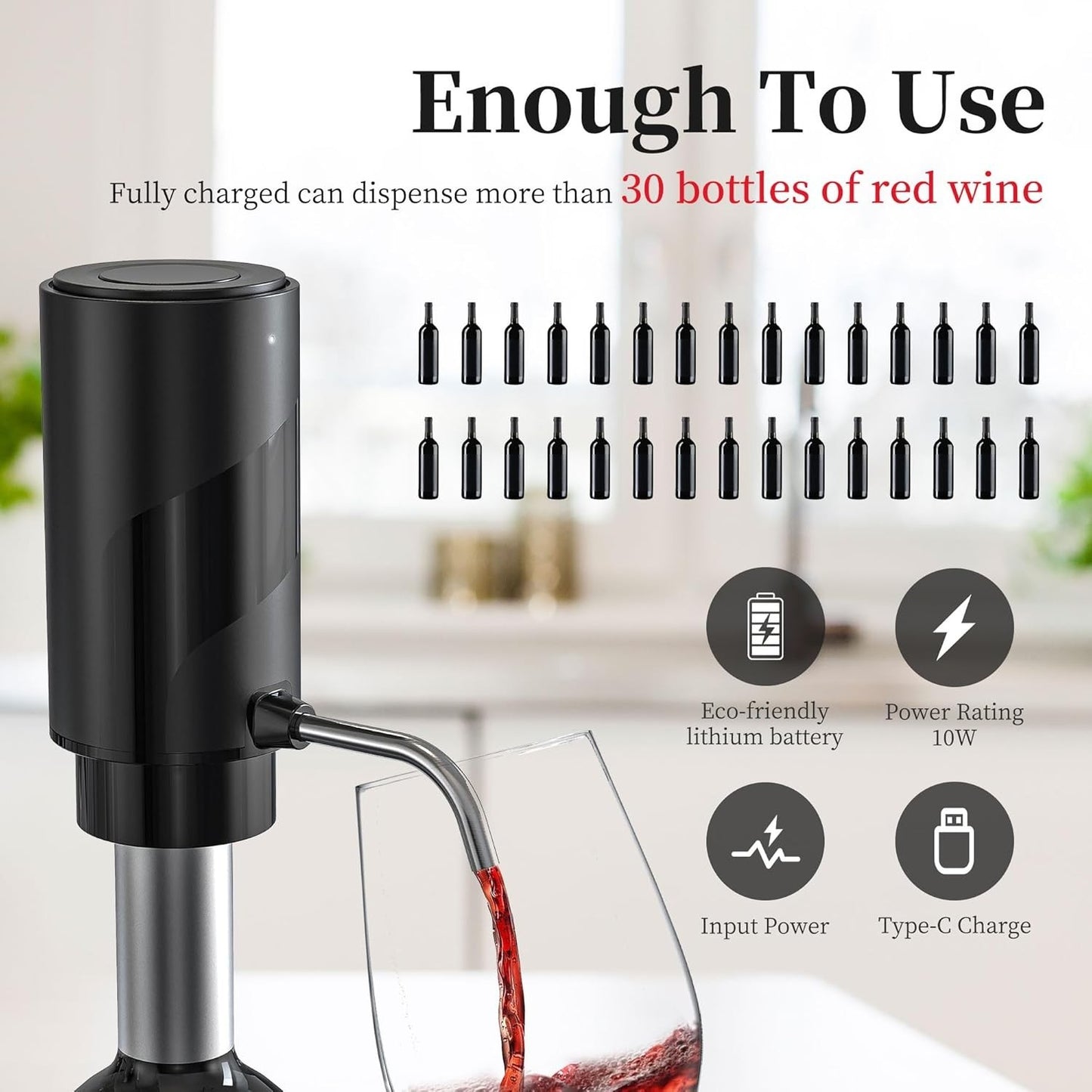 Aeratore Versatore Vino Elettrico USB-C Ricaricabile Dispenser Automatico Nero