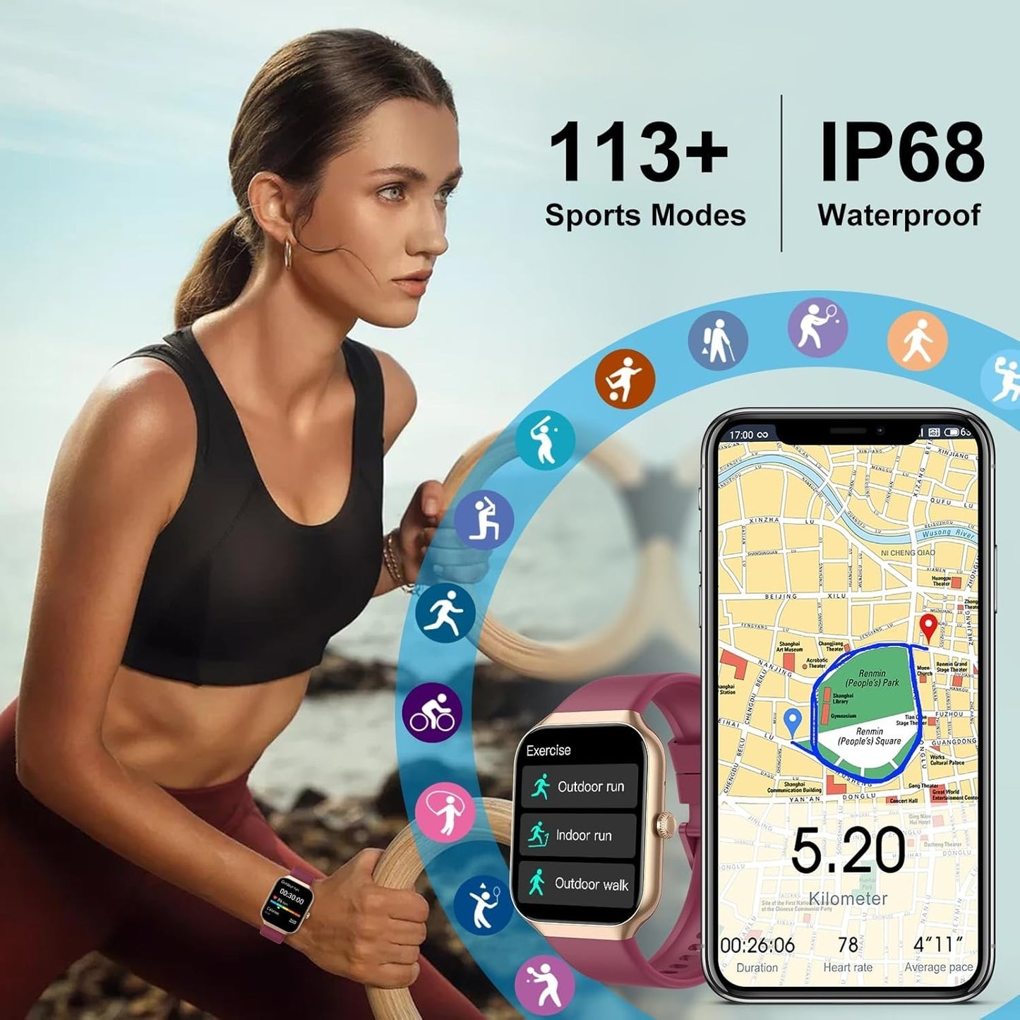 HOIFA P98 Smartwatch Uomo Donna 1,96" Chiamate SpO2 Cardio Sonno 113+ Sport IP68