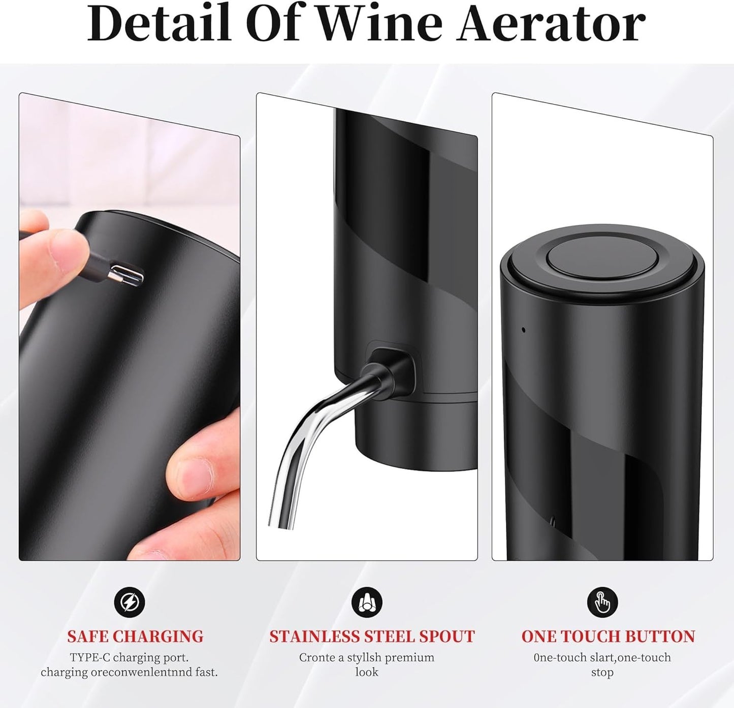 Aeratore Versatore Vino Elettrico USB-C Ricaricabile Dispenser Automatico Nero