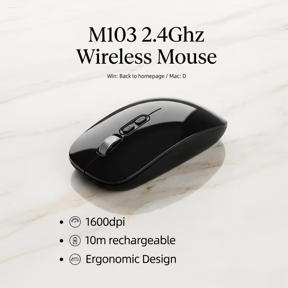 Mouse Wireless M103 2.4GHz 1600DPI Ricaricabile Silenzioso Ergonomico 10m - Nero