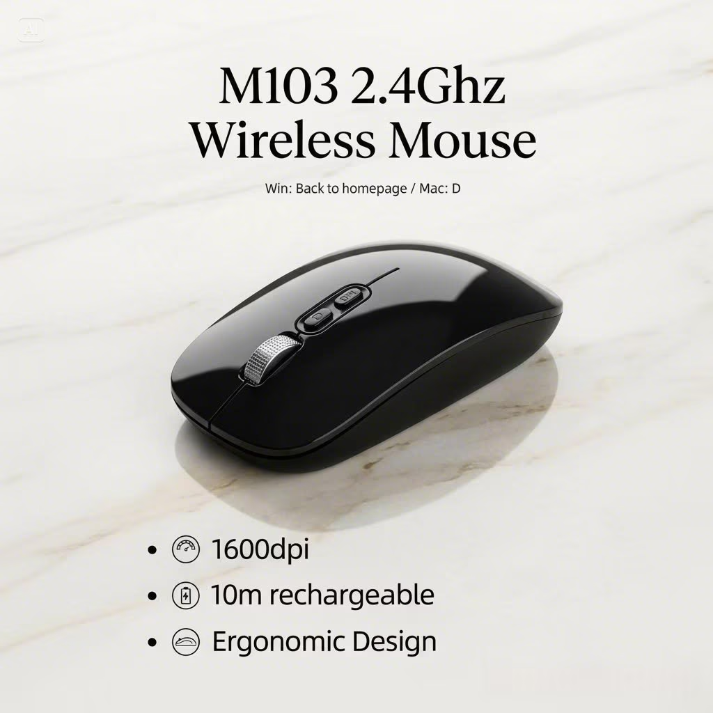 Mouse Wireless M103 2.4GHz 1600DPI Ricaricabile Silenzioso Ergonomico 10m - Nero
