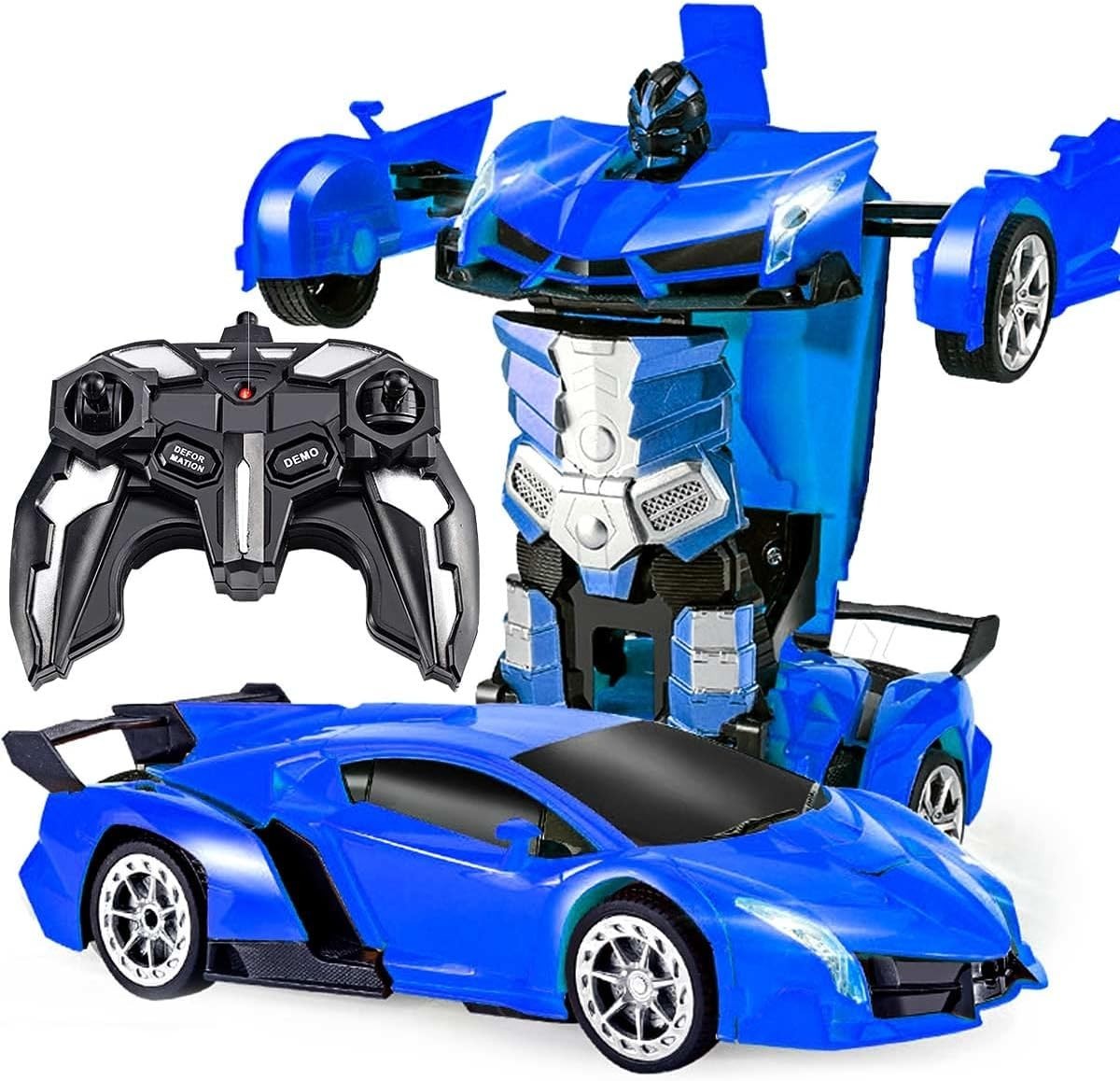Auto Telecomandata Robot Trasformabile 1:18 2.4GHz 360° Luci LED USB Bambini Blu
