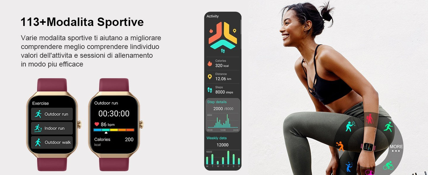 HOIFA P98 Smartwatch Uomo Donna 1,96" Chiamate SpO2 Cardio Sonno 113+ Sport IP68