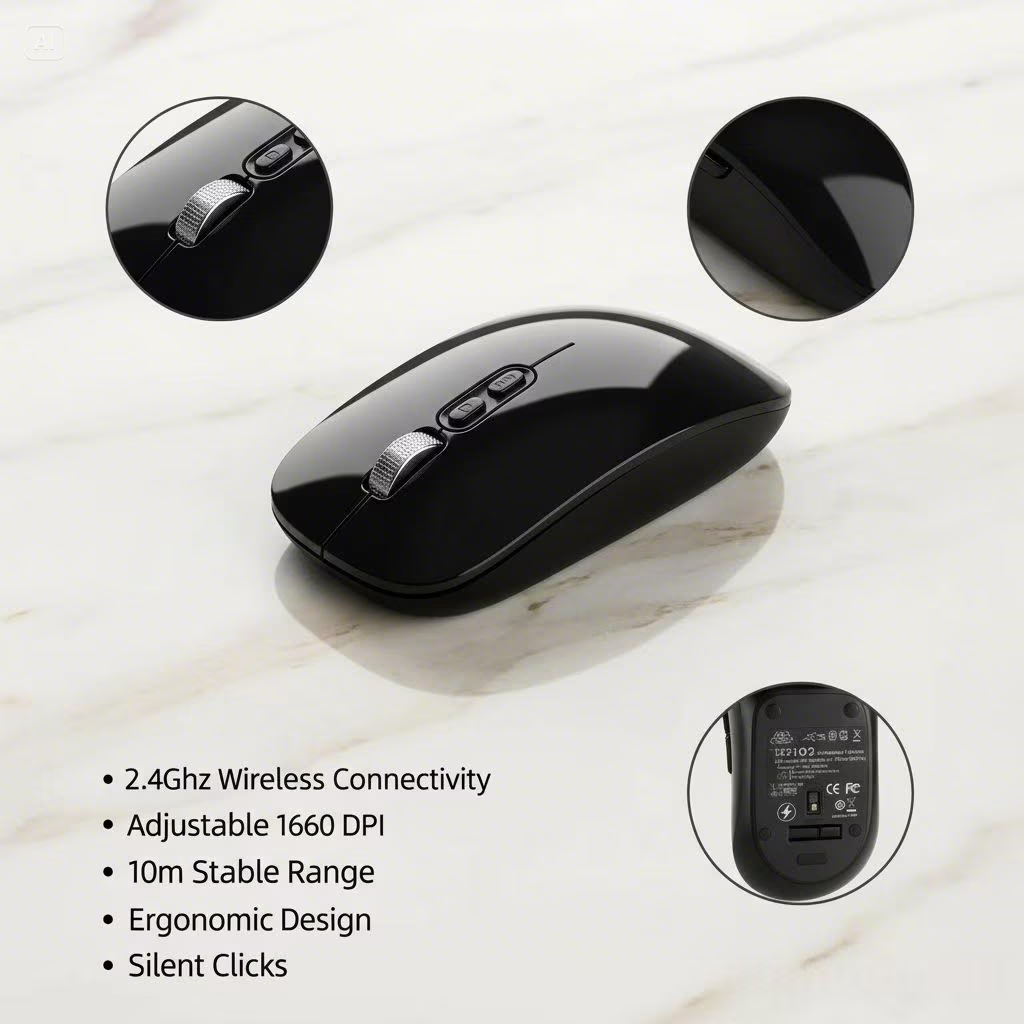 Mouse Wireless M103 2.4GHz 1600DPI Ricaricabile Silenzioso Ergonomico 10m - Nero