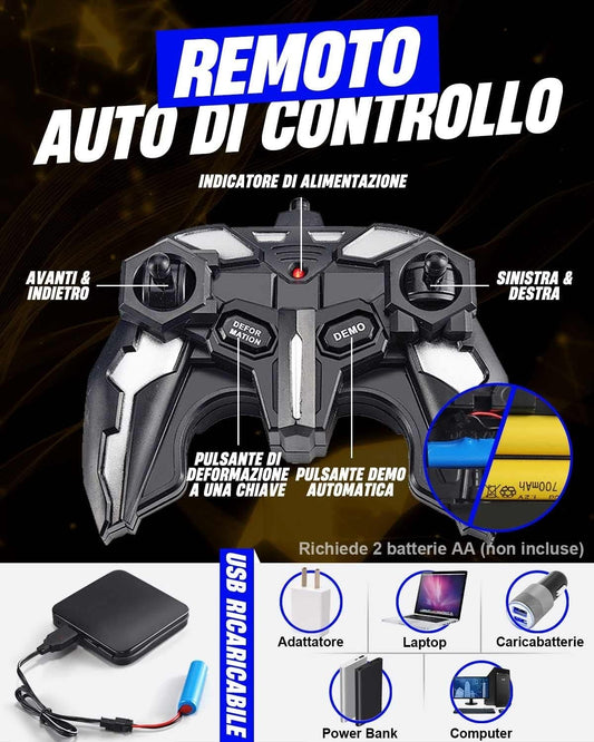 Auto Telecomandata Robot Trasformabile 1:18 2.4GHz 360° Luci LED USB Bambini Blu