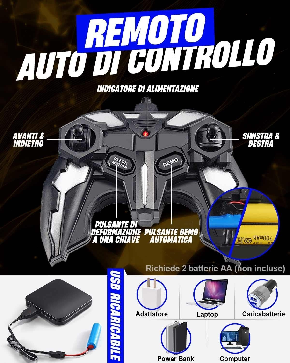 Auto Telecomandata Robot Trasformabile 1:18 2.4GHz 360° Luci LED USB Bambini Blu