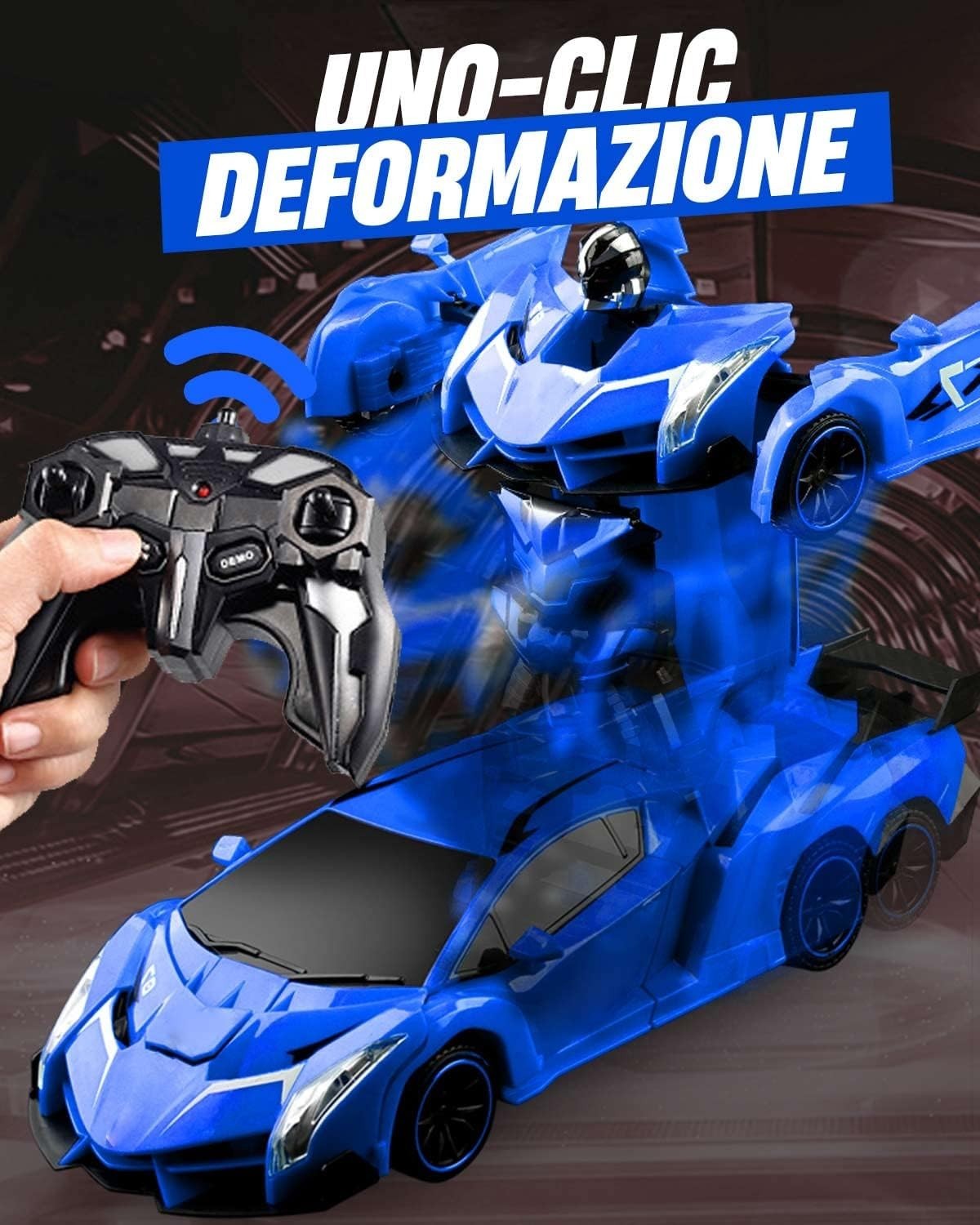 Auto Telecomandata Robot Trasformabile 1:18 2.4GHz 360° Luci LED USB Bambini Blu